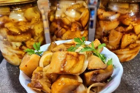 Фото к рецепту: Баклажаны как шашлык на зиму Фото к рецепту: Баклажаны как шашлык на зиму